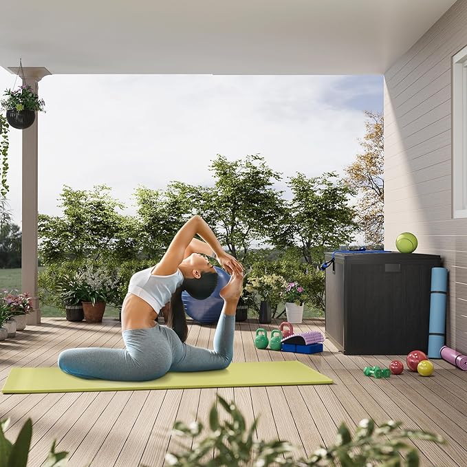 130 Gallon Outdoor Waterproof Storage Box Lockable Outdoor Storage Boxes Deck Storage Boxes for Package Delivery Deck Boxes for Patio Furniture, Garden, Tools - Faux Wood Grain Black