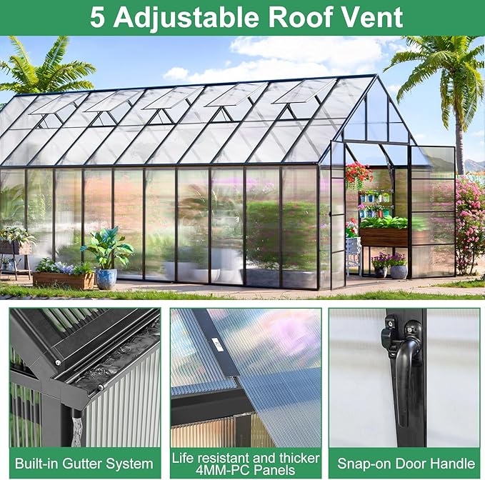 CDCASA 10x24 FT Greenhouse for Outdoors,Large Easy Assembly Thicker Aluminum Polycarbonate Greenhouses w/5 Windows, Double Door, Walk-in Green House for Outside,Patio,Backyard,Garden