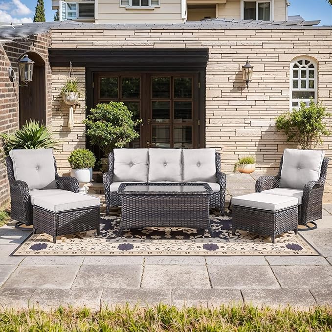 Wicker Outdoor Dialogue Set -6-Piece Outdoor Wicker High Back Sofa with Rotating Rocking Chair Terrace Furniture, Suitable for Deck, Pool, Backyard