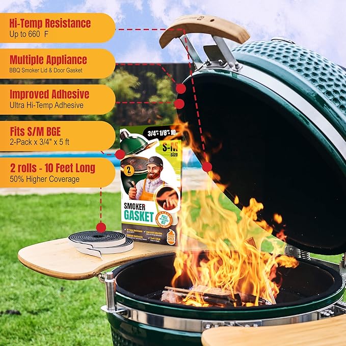 Gasket for Big Green Egg S-M - 2-Pack x 5 FT Smoker Gasket Seal - BGE Gasket 3/4" x 1/8" Felt - Compatible with Big Green Egg - Accessories & Parts for Grill by Smoker Chef