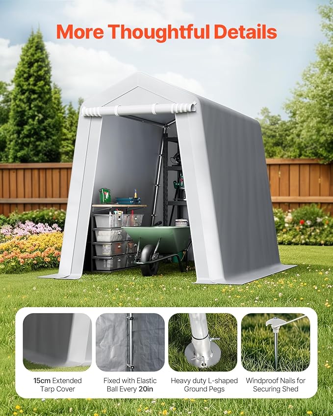 VEVOR 6x8x7 FT Portable Outdoor Storage Shed, Heavy-Duty Waterproof Shelter with Roll-Up Zipper Door & Vents, UV-Resistant Carport for Motorcycle, Bike, Lawn Mower, Tools, Gray