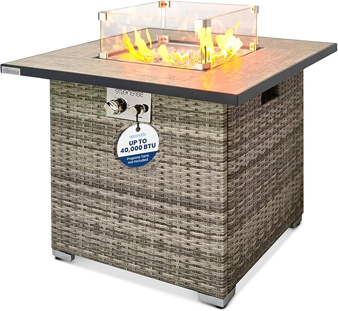 SereneLife Outdoor Propane Fire Pit Table 50,000 BTU CSA ETL Certified Square Wicker Gas Fire Table with Tile Top, Adjustable Flame, Decorative Glass Rocks, Weather-Resistant for Patio or Backyard