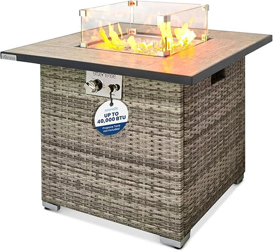 SereneLife Outdoor Propane Fire Pit Table 50,000 BTU CSA ETL Certified Square Wicker Gas Fire Table with Tile Top, Adjustable Flame, Decorative Glass Rocks, Weather-Resistant for Patio or Backyard