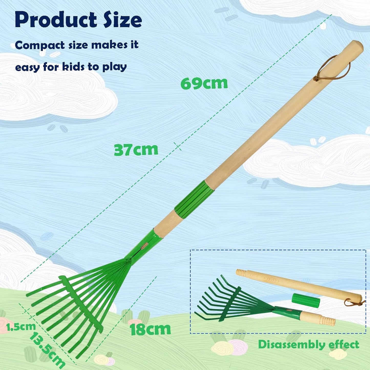Kids Leaf Rake-Small Wooden Handle Leaf Rake with Metal Tines, 27inches /69cm Length, for Kids Enjoy Garden Cleaning Activities (Green)
