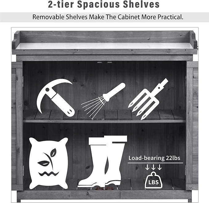 Merax Outdoor 39" Potting Bench Table, Rustic Garden Wood Workstation, Storage Cabinet with 2-Tier Shelves and Side Hook, Grey