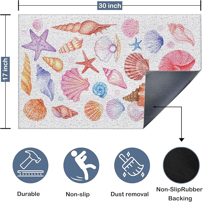 Seashell Beach Door Mat, Coastal Preppy Beach Doormat Non-Slip for Front Door Porch Indoor Outside Entrance Entryway, Nautical Shell Starfish Beachy Welcome Mat, 17x30 Inch