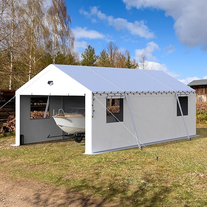13x25 Carport Canopy, Heavy Duty Car Port, Portable Car Ports Garage with 2 Roll-Up Zipper Drive Through Doors, White