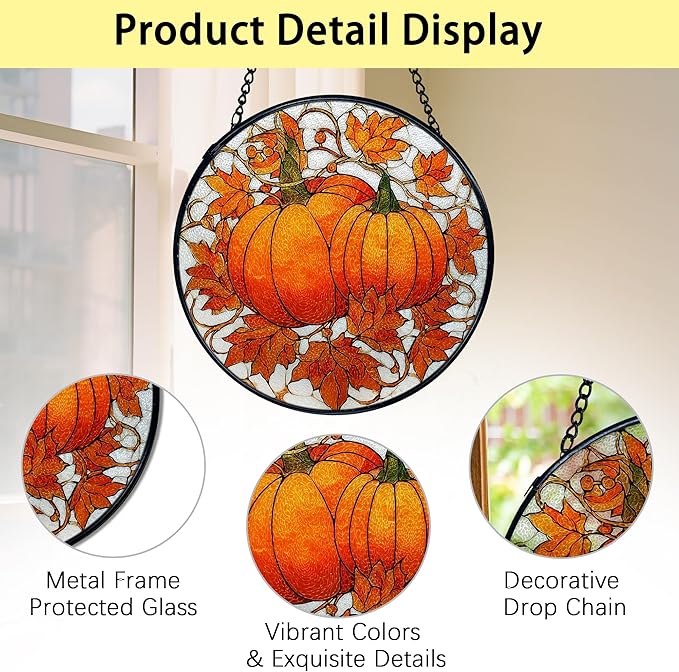 TNUW Fall Autumn Pumpkin Stained Glass Window Hanging, Farmhouse Autumn Pumpkin Maple Leaf Sun Catchers Indoor Window Glass Round Wall Art Decor, Rustic Fall Wall Hanging Decorations, 7.9＂x7.9＂