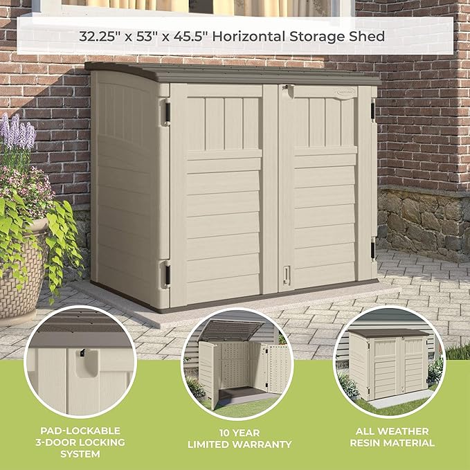 Suncast 34 Cu Ft Capacity Horizontal Outdoor Storage Shed for Garbage Cans, Garden Accessories, Backyard, and Patio Use, Vanilla