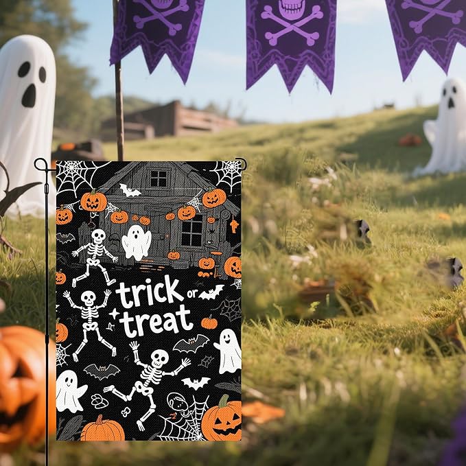 Halloween Garden Flag 12x18 Inch Double Sided, Outdoor Burlap Yard Decor for Porch, Patio, Holiday Decorations, Black