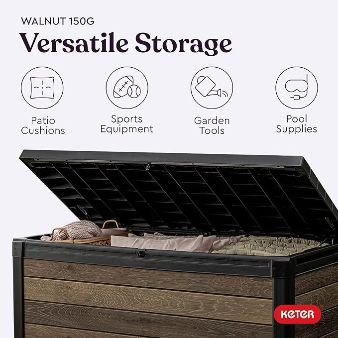 Keter Signature Collection 150 Gallon Resin Deck Box Organization and Storage Box for Patio Outdoor Cushions, Throw Pillows, Garden Tools and Pool Supplies, Walnut