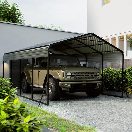 12x20 FT Metal Carport, Heavy Duty Carports Canopy with Galvanized Steel Frame & Roof, Outdoor Garage Car Port for All-Weather, Outdoor Galvanized Shelter for Car, Boats and Truck