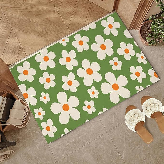 Door Mat,70s Groovy Flowers Welcome Mat Indoor,Green Floral Non-Slip Outdoor Entry Mat for Home Entryway, Low Profile Floor Rugs for Entry Patio, Porch, Hallways 30 x 17 Inch