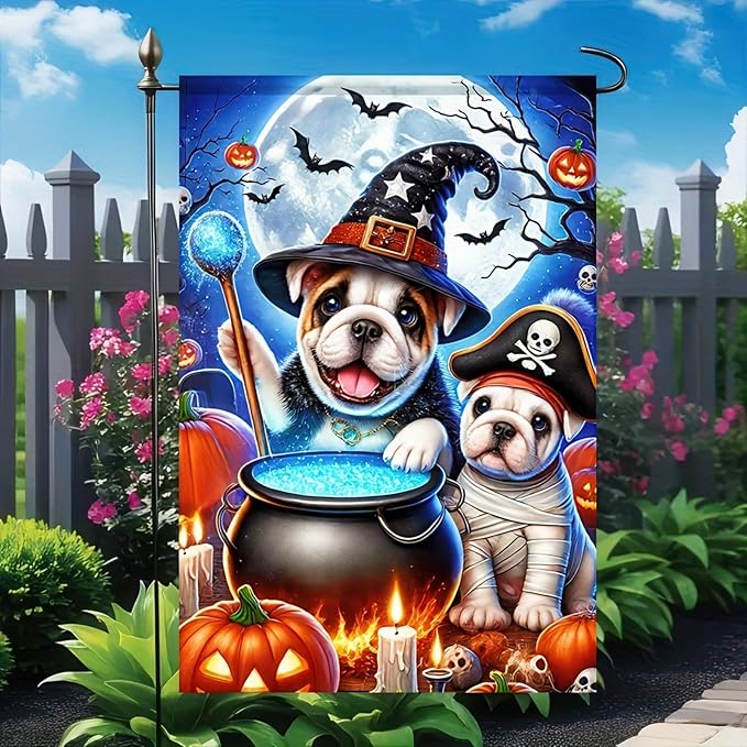 Halloween Garden Flag Double Sided 12x18 Flag Cute Dog Flag Bulldog Halloween Garden Flag Dogs In Wizard And Pirate Costumes Cauldron Pumpkins Full Moon Fun Outdoor Yard Lawn Decoration