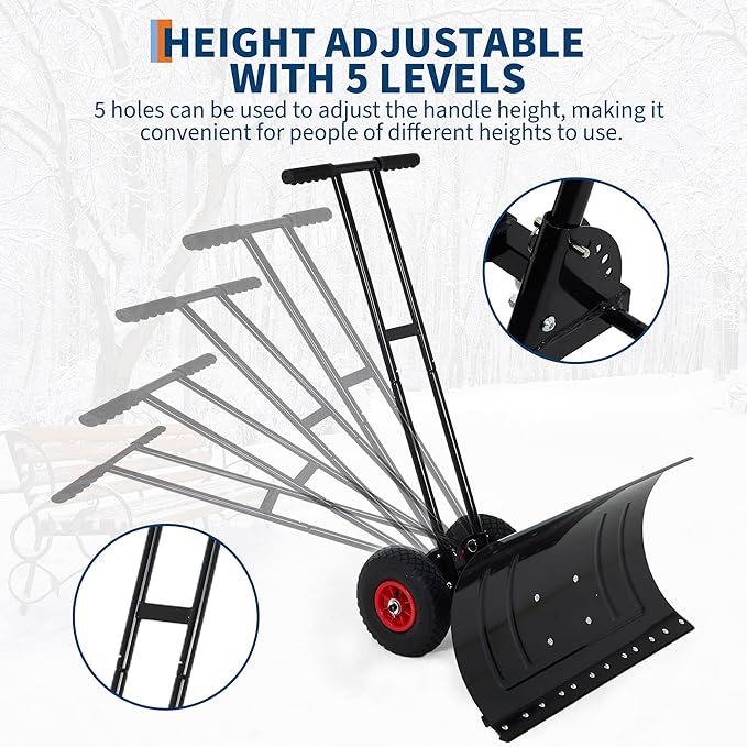 GarveeHome Snow Shovel Pusher for Driveway, Large 29" W Snow Shovel Pusher with Wheels, Ergonomic Snow Pusher Shovel with Snow Removal Adjustable Angle & Height Handle for Sidewalk, Double Rod