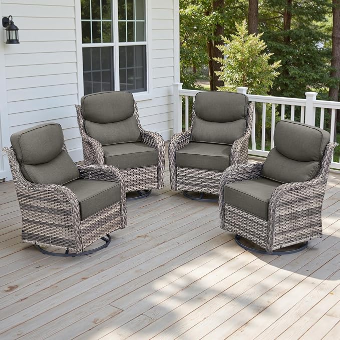4 Piece Outdoor Patio Swivel Rocker Chairs, Waterproof Wicker, High Back, Deep Seating, Wide Armrest, Upgraded 6 inch Thick Cushions, Ideal for Deck Porch Backyard, Mixed Grey/Grey