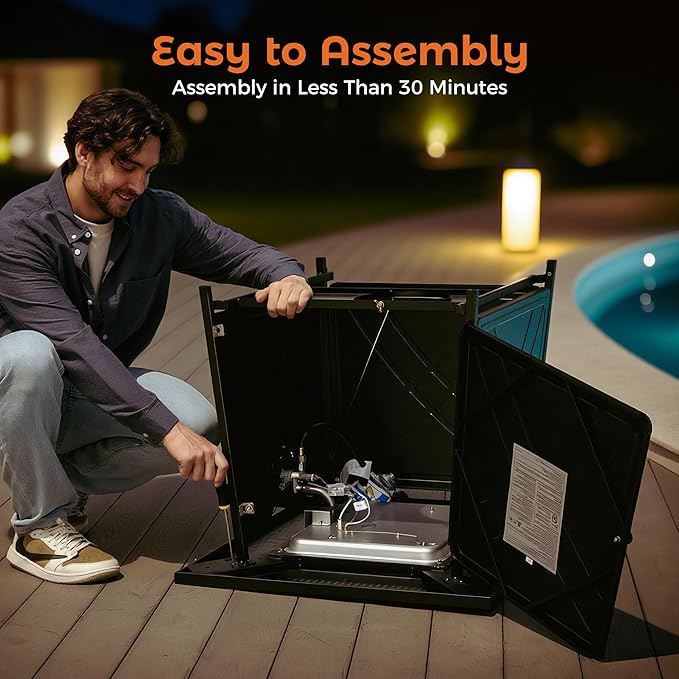 BALI OUTDOORS Gas FirePit Table, 28 inch 50,000 BTU Square Outdoor Propane Fire Pit Table with Lid and Blue Fire Glass