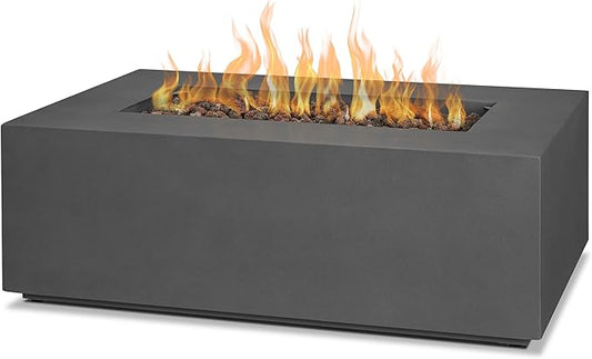 Real Flame Aegean 42in Rectangle Propane or Natural Gas Fire Pit Table, 50,000 BTU, Powder-Coated Steel, Push-Button Ignition, CSA Certified, Lava Rock, Storage Cover, Stainless Steel Burner with Lid