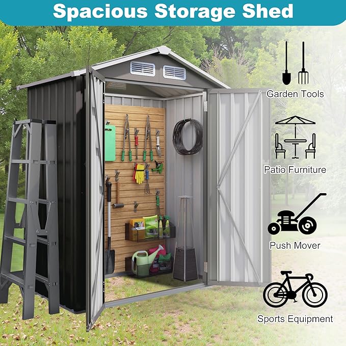 5X3 FT Outdoor Metal Storage Shed, Tool Shed with Peaked Roof and Lockable Door, Compact Garden Shed for Backyard Garden Patio Lawn, Gray