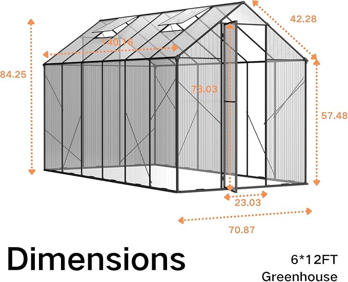 Kingdura 6x12ft Walk-in Greenhouse for Outdoors, Large Polycarbonate Greenhouses with Heavy Duty Aluminum Frame, Adjustable Roof Vent, Lockable Door, UV Protection for Outside Garden Backyard
