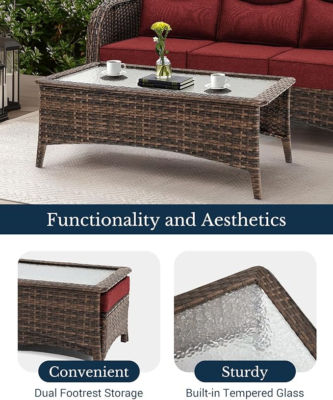 HILLGA Luxury High Back Patio Furniture Set with 6-Inch Thick Cushion, 5-Piece Outdoor Conversation Set with Loveseat, Swivel Rocker Chairs & Ottomans, Ideal for Porch Pool Deck Yard (Burgundy)