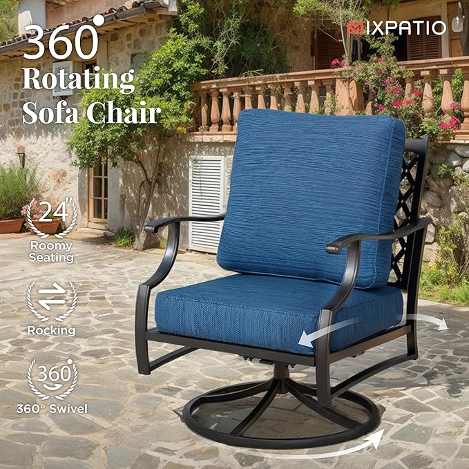 Patio Furniture Set 5 pcs, Outdoor Patio Furniture, 3-Seat Sofa, 2 Rocking Chairs, 2 Ottomans and 5.75" Extra Thick Cushion, Conversation Set for Backyard Deck,Gemstone Blue