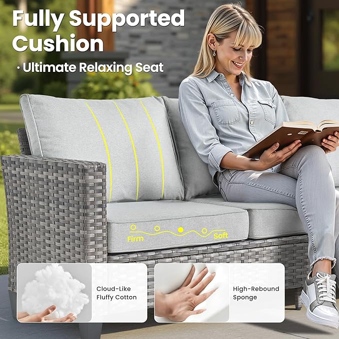 ovios 8 Pieces Patio Furniture Set with Swivel Chairs Rocking Gliders, Outdoor Sofa Couch with Solar Lights Table Comfy Cushions, Modern Deep Seat Wicker Rattan Conversation Set, Grey