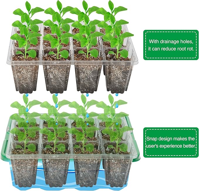 Bonviee 10 Packs Seed Starter Tray with Elevated Lid, 120 Cells Thicken Seed Starting Trays Kit with Adjustable Humidity Vent, Clear Cell Tray and Heightened Lids for Greenhouse & Gardens, Green
