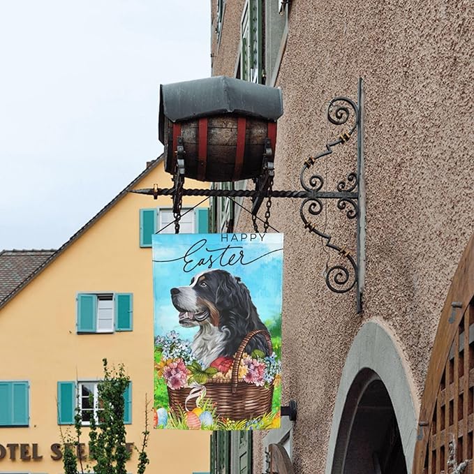 Bernese Mountain Dog Happy Easter Flower Garden Flag Welcome Party Outdoor Outside Decorations Picks Home House Garden Yard Decor 12x18 Inch