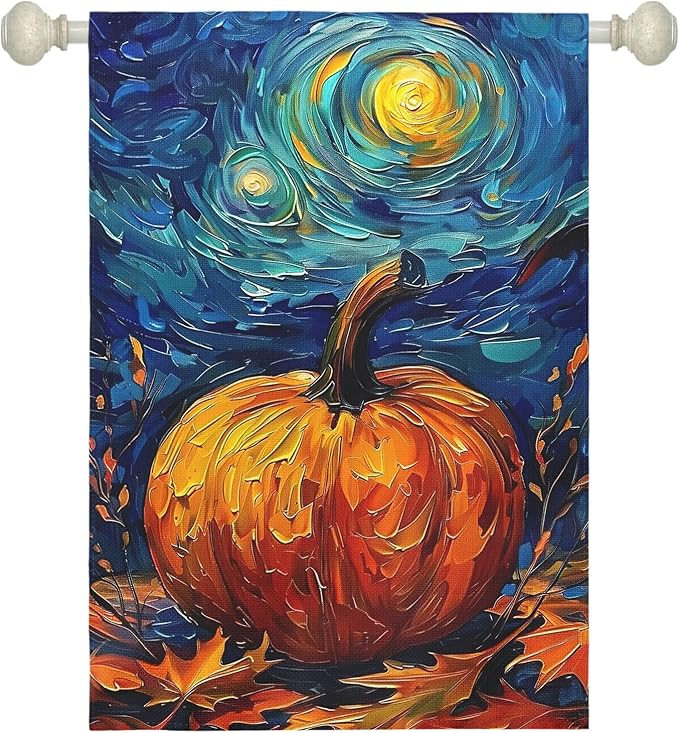 Fall Garden Flag Pumpkin Maple Leaf Yard Flags Van Gogh Wall Banners Art Starry Night Sky Moon Garden Flags Autumn Harvest Thanksgiving House Banner for Patio Farmhouse Outdoor 28 x 40 Inch