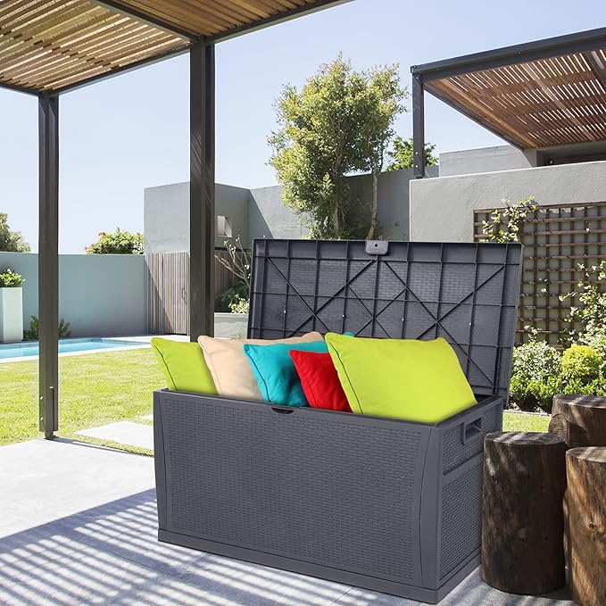 VINGLI Upgraded 120 Gallon Outdoor Storage Box, Lockable Plastic Storage Containers with Lid, Rattan Grain Surface Deck Box Patio Furniture for Garden, Pool, Balcony, Yard (Grey)