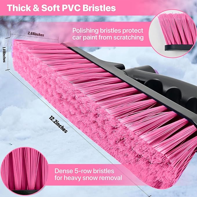 44" Ice Scraper and Snow Brush for Car Windshield with Extendable, 360° Pivoting, Soft Bristle Head, Foam Grip, for Car, Truck, SUV Window Tool (Pink)