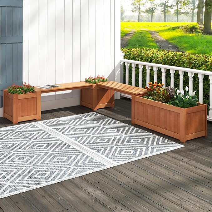 Giantex 3-in-1 Outdoor Bench with Large Raised Beds & 2 Planter Boxes, Wood Raised Garden Bed with Open Base, Weather-Resistant Deep Planter Boxes for Flowers Fruit Vegetable, DIY Assembly