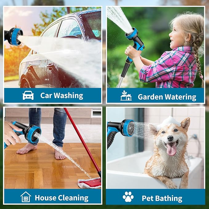 50FT Water Hose with 10 Functions, Adjustable Spray Nozzle, Flexible Durable No Kink Leak Dog Proof Stainless Steel Garden Hose 50FT for Yard Lawn