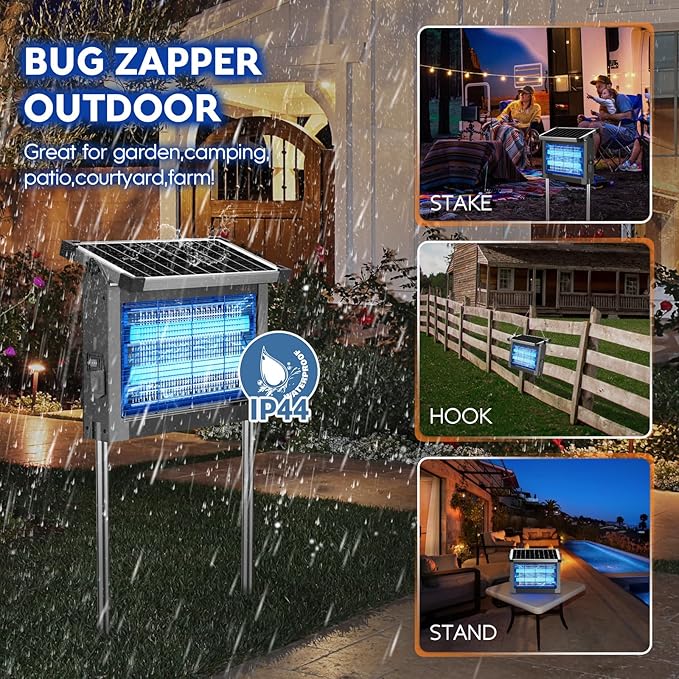Solar Bug Zapper Outdoor, PhatroyYee Mosquito Zapper 4500V, Waterproof Portable Fly Zapper, Rechargeable Electric Mosquito Killer, Cordless Fly Insect Mosquitos Trap for Patio Yard Home Camping(Grey)