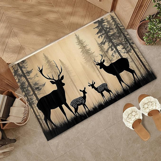 Vintage Forest Deer Family Welcome Mat Indoor,Rustic Animal Front Door Mat,Non-Slip Entryway Rug, Low Profile Felt Indoor Doormat for Back Door Porch Patio Entrance,30 x 17 Inch