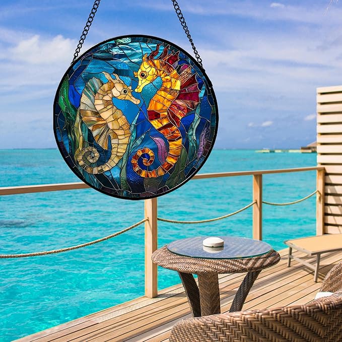 Stained Glass Window Hanging - Blue Ocean Orange Seahorse Suncatcher for Door Terrace Garden Home Decor, Marine Life Sun Catcher Birthday Gifts for Lovers Women Men Dad Mom Nana 9.8 in