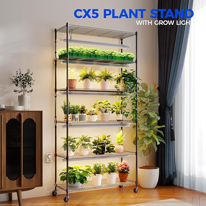 Barrina Plant Stand with Grow Lights, 3FT T8 Full Spectrum 150W Yellow LED Plant Lights 5 Packs, Indoor Plant Shelf for Multiple Plants with On/Off Timer Socket, 6-Tier 35.4"x13.8"x70.9"