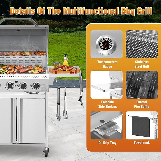 4-Burner Gas Grill,Propane Grill with Folding Side Shelf,Heavy-Duty Thickened Stainless Steel Grill,32,000 BTU BBQ Grill for Outdoor Cooking,Barbecue,Garden and Patio Backyard