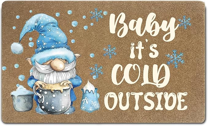 Winter Christmas Gnome Faux Coir Door Mats Outdoor, Blue Gnome Snowflake Christmas Door Mat for Home Outside Entryway, Winter Welcome Doormat for Indoor Outdoor Porch Entrance, 17x30 Inch