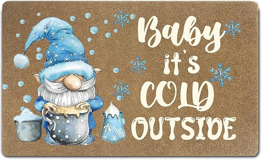 Winter Christmas Gnome Faux Coir Door Mats Outdoor, Blue Gnome Snowflake Christmas Door Mat for Home Outside Entryway, Winter Welcome Doormat for Indoor Outdoor Porch Entrance, 17x30 Inch