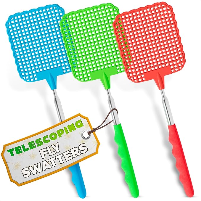 3-Pack Telescopic Fly Swatter Set – Durable and Lightweight Extendable Fly Swatter for Indoors and Outdoors, 3.1 x 3.9 Flexible Head, Non-Slip Ergonomic Rubber Handle, Compact Design for Easy Storage