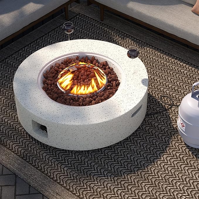 SUNBURY Outdoor 42inch Propane Fire Pit Table, 50,000 BTU Spotted White Patio Fire Table, Concrete Round Gas Fire Table w Lava Rocks (Tank Outside)