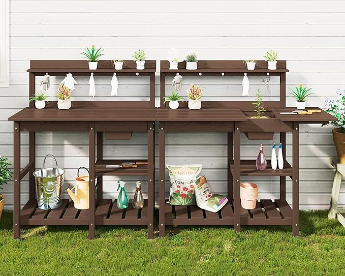 SERWALL Potting Bench Outdoor Potting Table with Sink, HDPE Potting Benches for Outside Gardening Table All Weather Use- Coffee