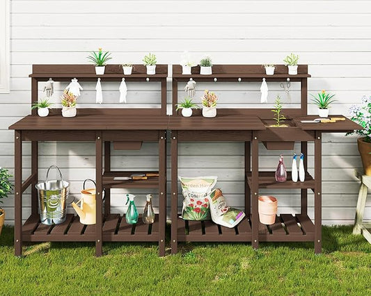 SERWALL Potting Bench Set of 2 Outdoor Potting Table with Sink, HDPE Potting Benches for Outside Gardening Table All Weather Use- Coffee