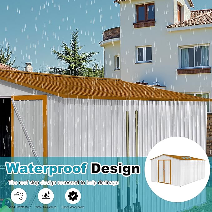 10x12 FT Outdoor Storage Shed, Metal Tool Shed with Lockable Doors & Peaked Roof, Garden Shed with Vented Design for Backyard Garden Patio Lawn, White+Yellow