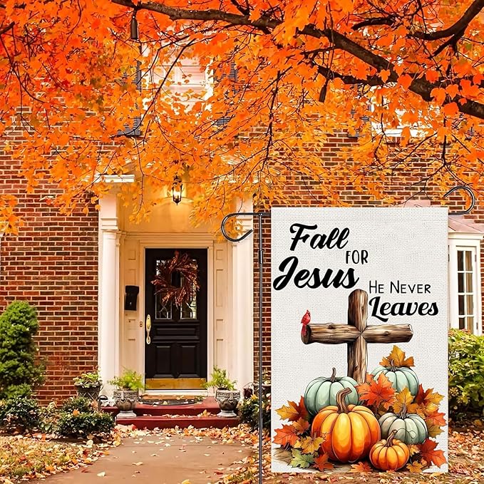 Fall Cross Pumpkin Garden Flags 12x18 Double Sided, Fall for Jesus He Never Leaves Yard Flag for Outside, Autumn Thanksgiving Holiday Seasonal Religious Outdoor Decorations for Home