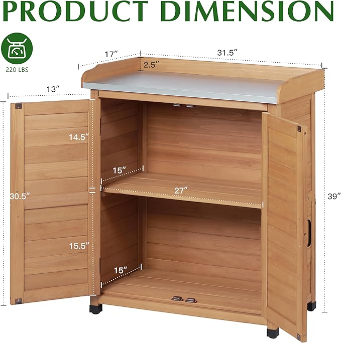 Outdoor Storage Cabinet & Potting Bench Table with Metal Top (Light Brwon, 39x31.5x17in)