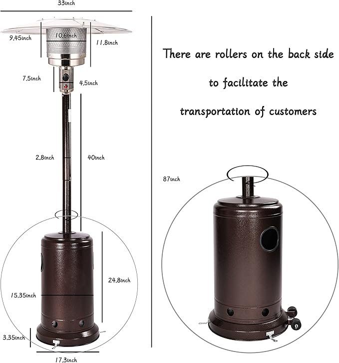48,000 BTU Outdoor Propane Patio Heater with Wheels, Commercial & Residential, Bronze