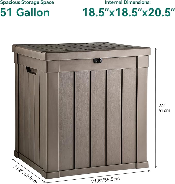 YITAHOME Deck Box, 51 Gallon Weatherproof Outdoor Storage Container for Patio Cushions, Pool Supplies, Garden Tools, Lockable Lid and Side Handles, Light Brown